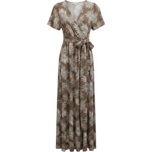 One The Land Tan White Tropical‎ Palm Leaf Wrap Maxi Dress Lg /#26321